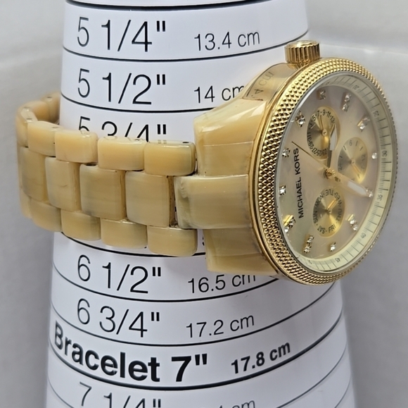 Womens Michael Kors Horn Day Date Watch Gold Tone Resin Jet Set 37mm New Battery
